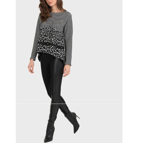 Joseph Ribkoff Size 14 Black White Chevron‎ Print Dotted Side Slits Pullover Top - Picture 2 of 14